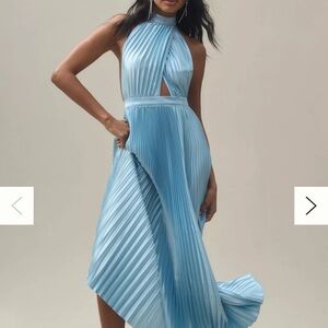 L'IDEE Renaissance Halter Side-Slit Pleated Maxi Dress